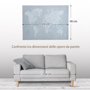 Stampa su Tela Mondo 120x90 cm in Legno di Pino Grigio e Bianco