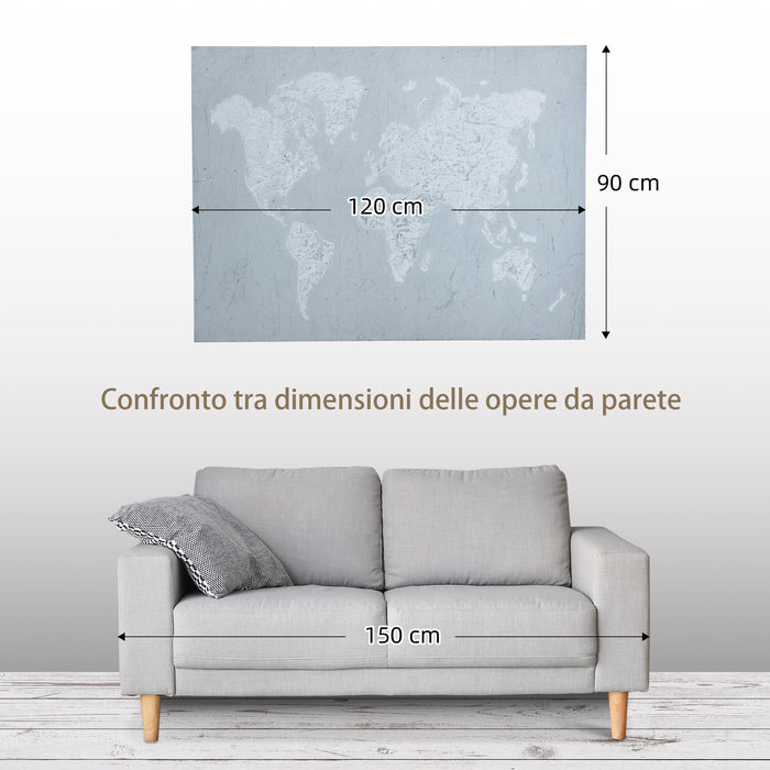 Stampa su Tela Mondo 120x90 cm in Legno di Pino Grigio e Bianco