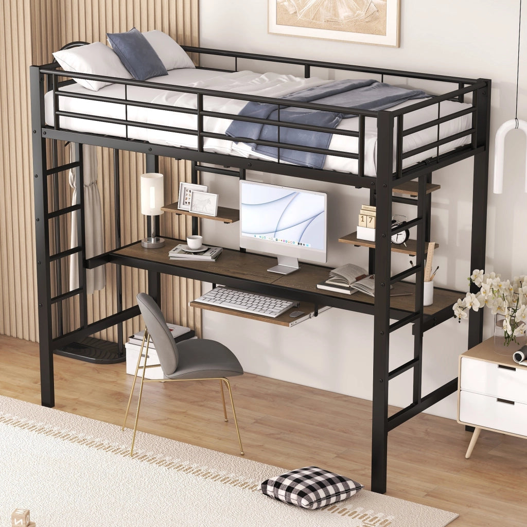 Letto a Soppalco Letto Singolo con Scrivania; 2 Scaffali e Ripiano; 90×200 cm; senza Materasso; Nero