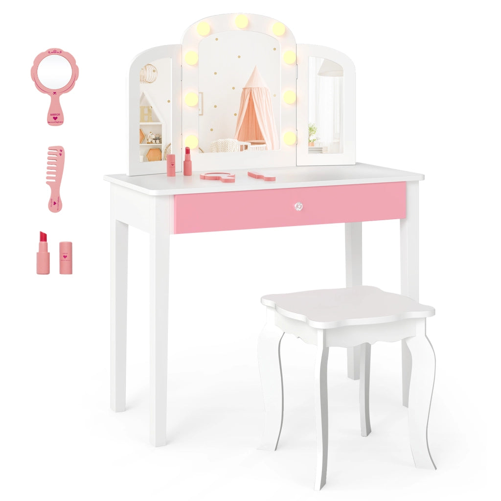 Set tavolo trucco bambini 2 in 1 principessa specchio 3 pieghe luci led-Set sgabello legno bambine 3+ anni gioco creativo regalo Bianco