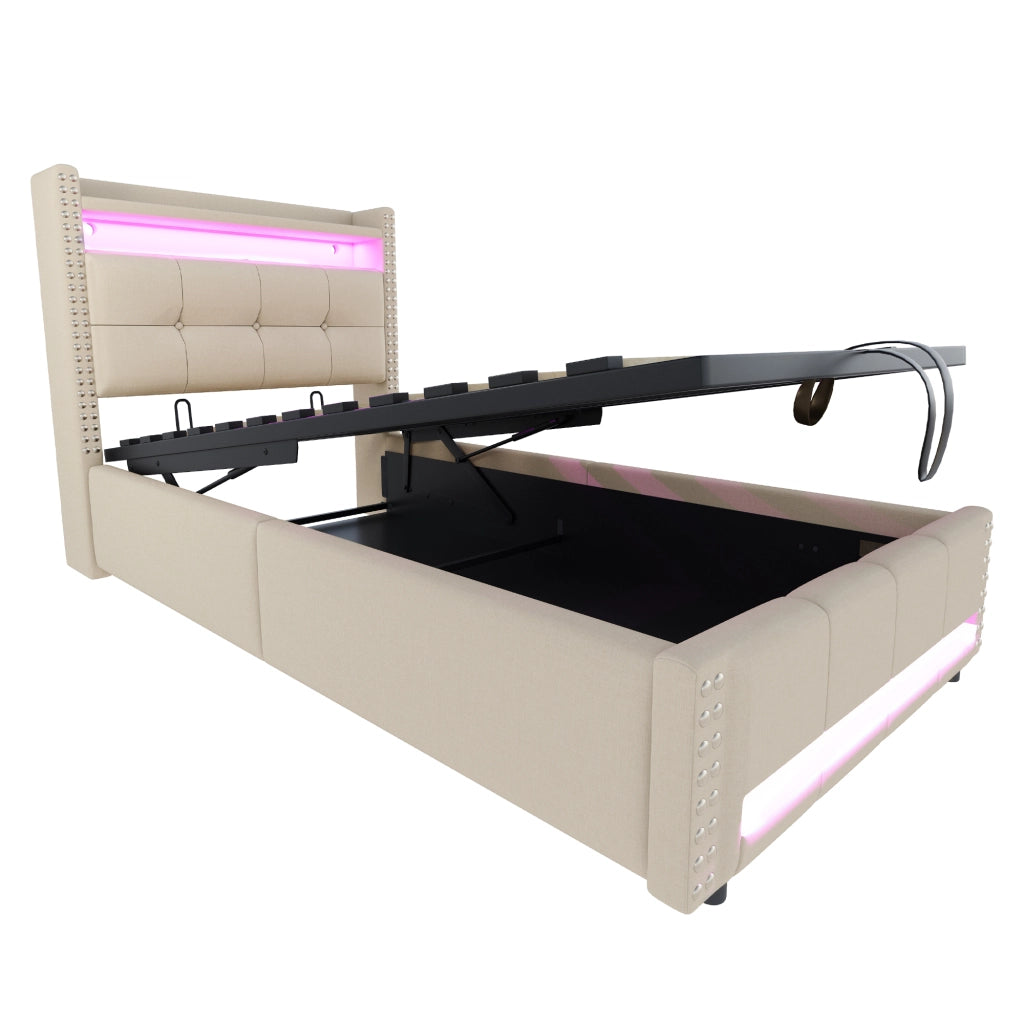 OKWISH Letto Bambino 90×200 cm, Letto Singolo con Contenitore, USB, LED Regolabile e Mensole, senza Materasso, in Tessuto Beige