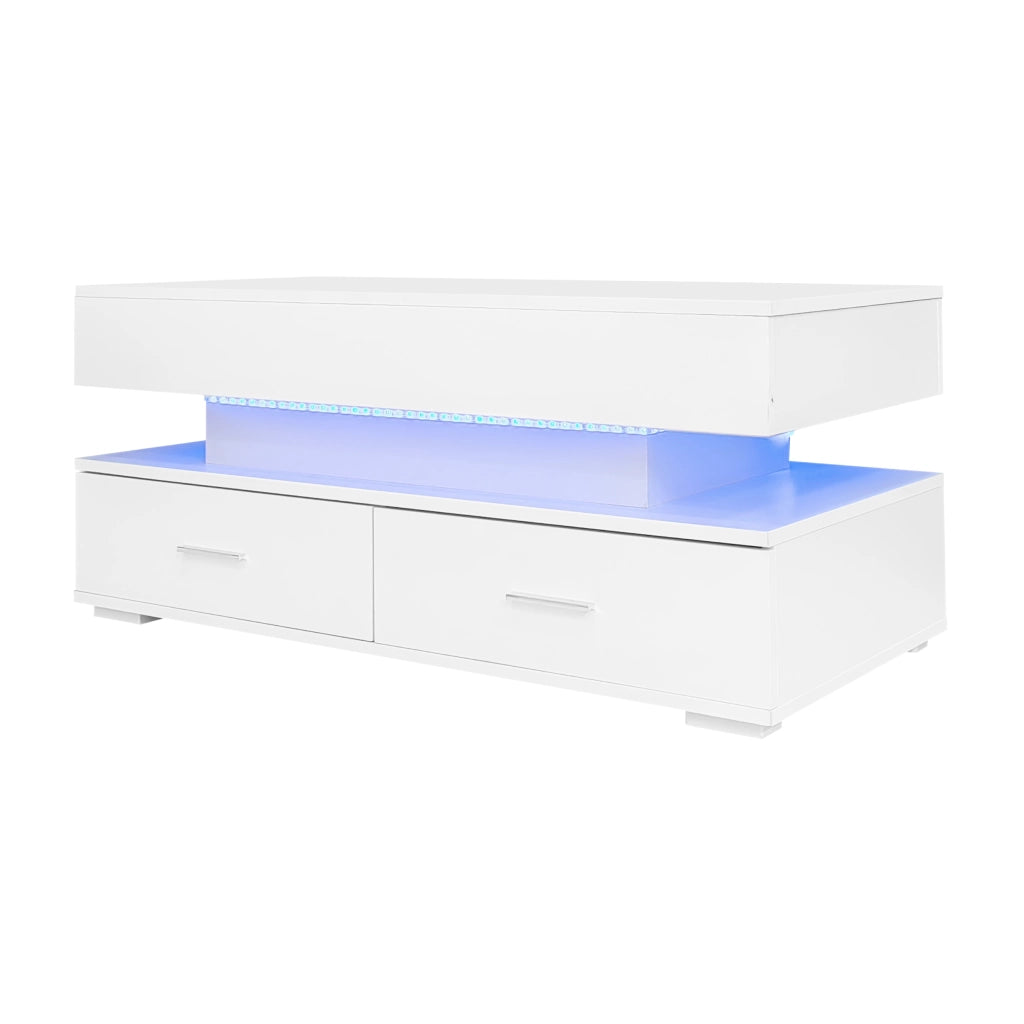 Tavolino da caffè con 2 cassetti; vano aperto e LED - per soggiorno - 100×50×44 cm