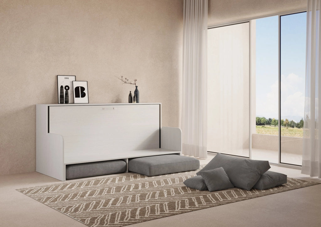 Letto Singolo A Scomparsa Kando Con Divano Con Materasso Bianco Frassino e Grigio