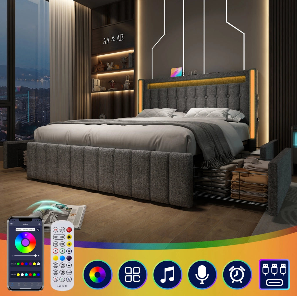Letto imbottito ULEVR 160x200 cm grigio con 4 cassetti, LED, 3 USB e Type-C