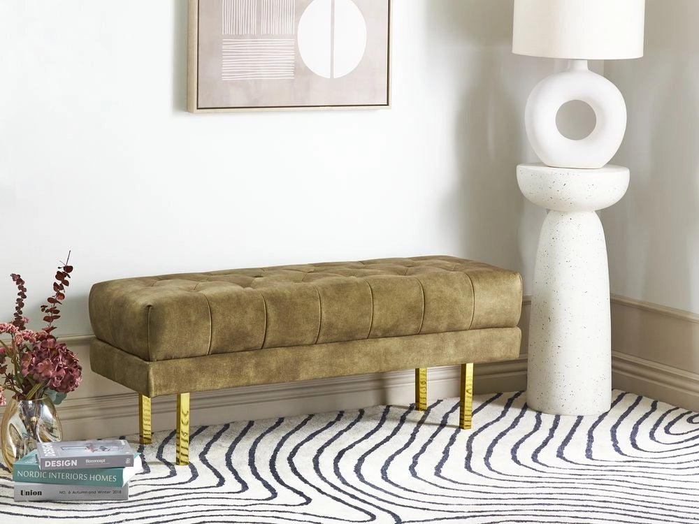 Panca Verde Tessuto imbottito Velluto Accento di metallo Gambe d'oro Panca da letto Sgabello