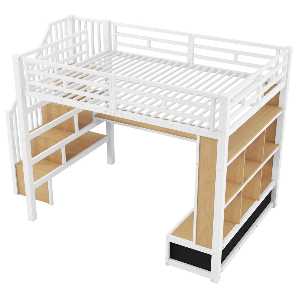 Letto a soppalco 140x200 cm con scrivania; mensole; cassetti e LED; bianco