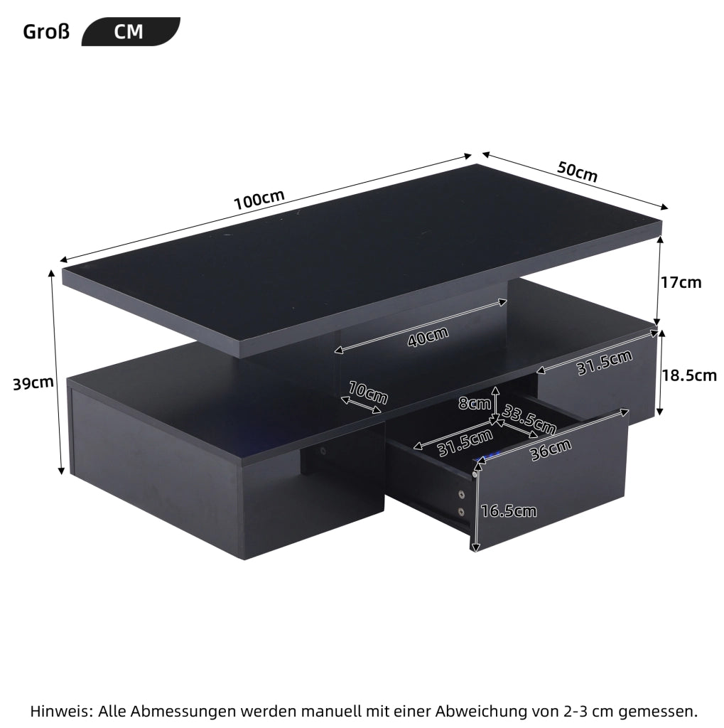 Tavolino da caffè 100x50x39 cm con LED 16 colori; cassetto e ripiano; nero