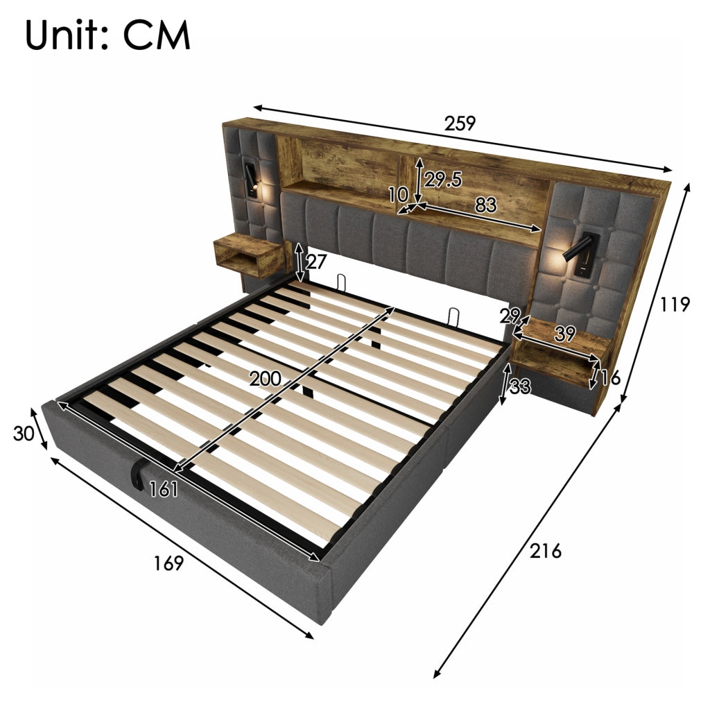 Letto matrimoniale 160x200 cm in lino grigio con contenitore; lampade da lettura e prese USB Type-C