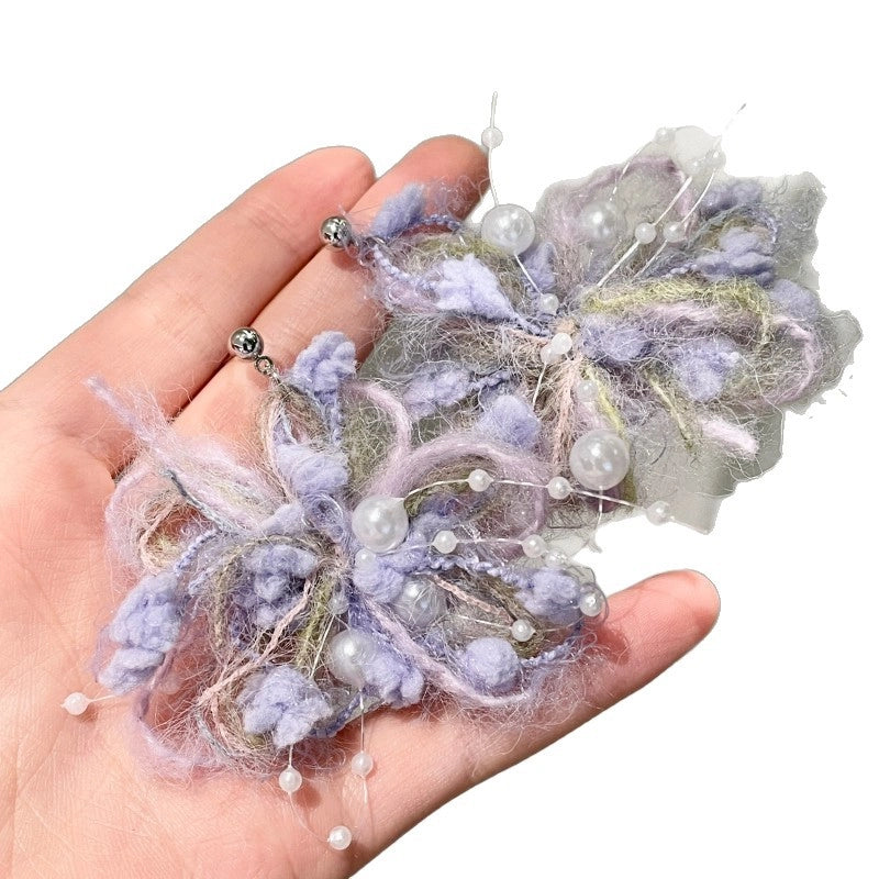 Orecchini pendenti con perle in lana stile francese, viola nebbia, effetto fuoco d'artificio.