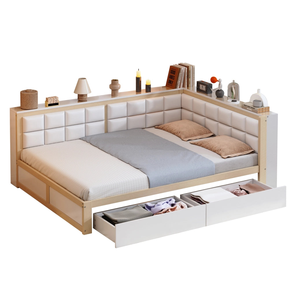 Letto a Divanetto 140 x 200 cm; Letto Singolo; 2 Cassetti e Schienale Morbido in Legno