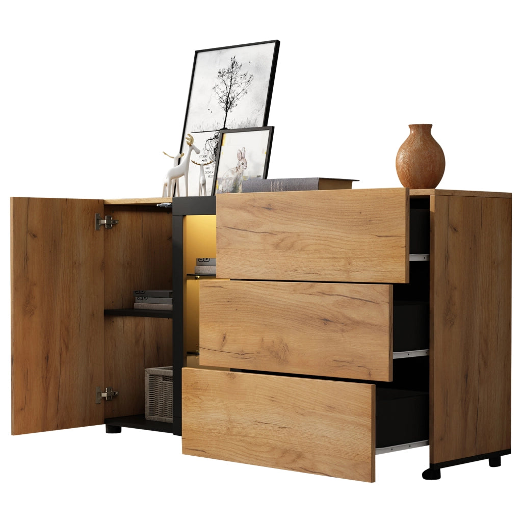 Credenza con 3 cassetti; 1 anta e LED APP - per soggiorno - 140×40×80 cm