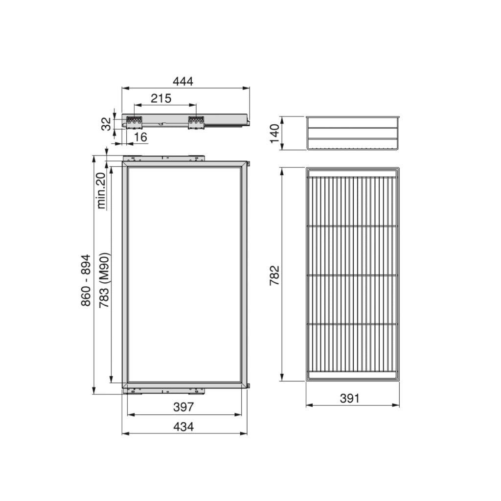Kit Cestello in Filo Metallico e Telaio 900 mm in Alluminio e Plastica Emuca
