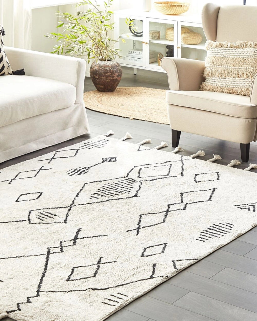 Tappeto cotone nero e bianco sporco 140 x 200 cm moderno orientale motivo geometrico