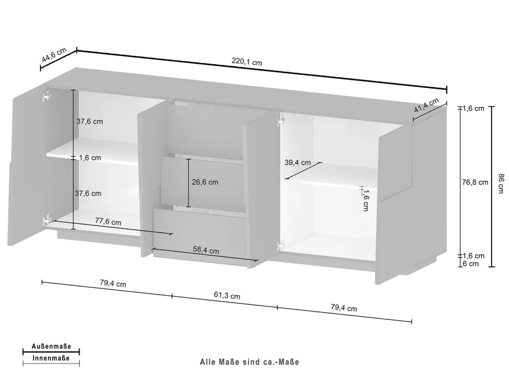 Credenza 4 Ante 3 Cassetti 220x44x86 cm Pongo 4A 3C Bianco Lucido