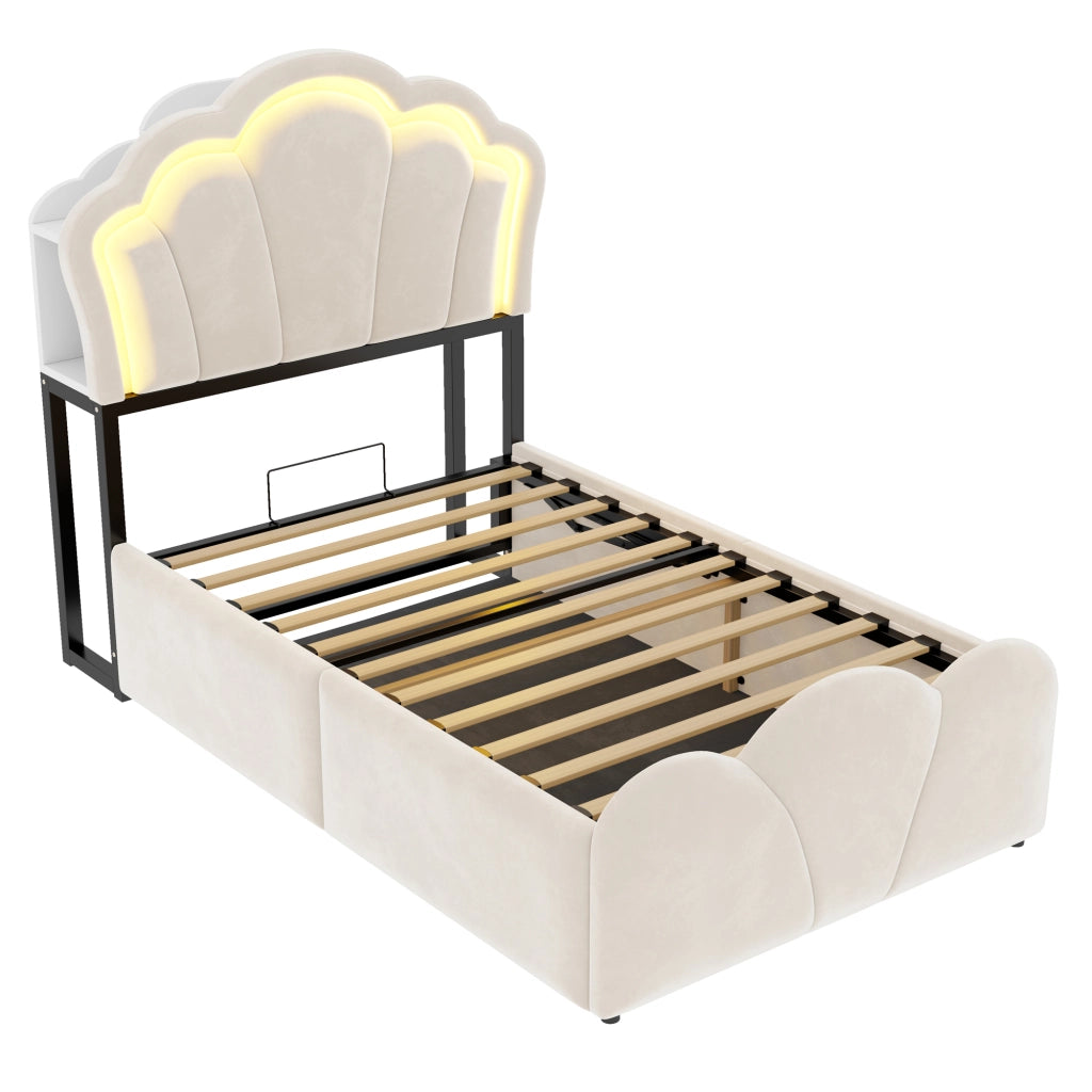 Letto contenitore 1 piazza con LED; prese; vani testiera; materasso non incluso; in velluto beige