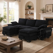 DIVANO 3 POSTI MODULARE 260x132x84 cm CORDUROY NERO con 2 pouf