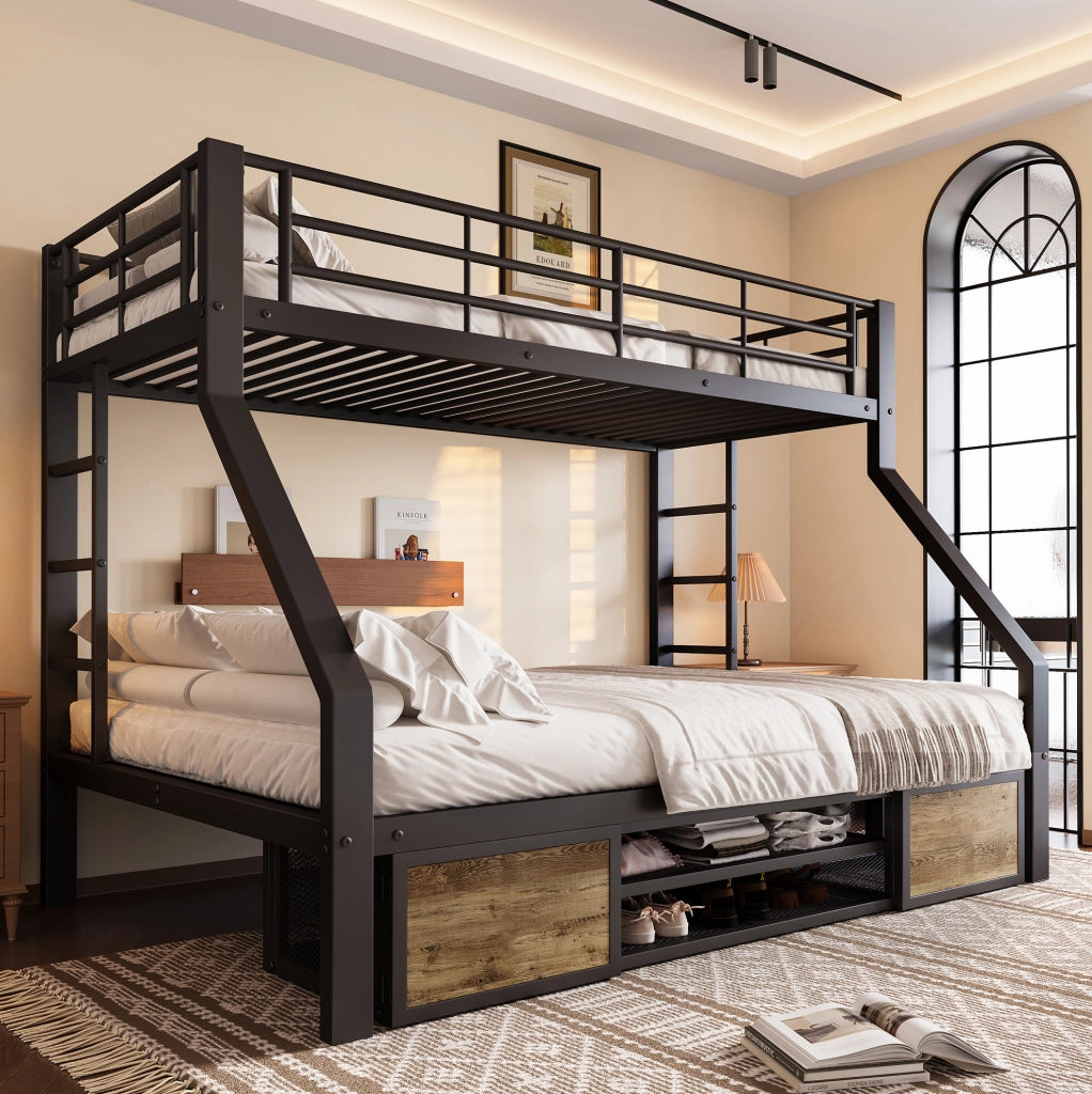 Letto a castello per bambini con scarpiera; vani contenitore; scala; 90x200/140x200 cm; nero