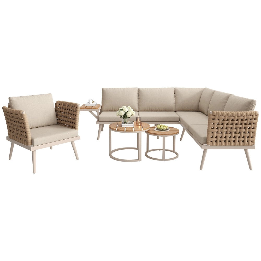 Set Divano da Giardino ad L 6 Posti con Cuscini e Tavolino ¨C Xylo ¨C Polyrattan/Ferro, Grigio/Beige