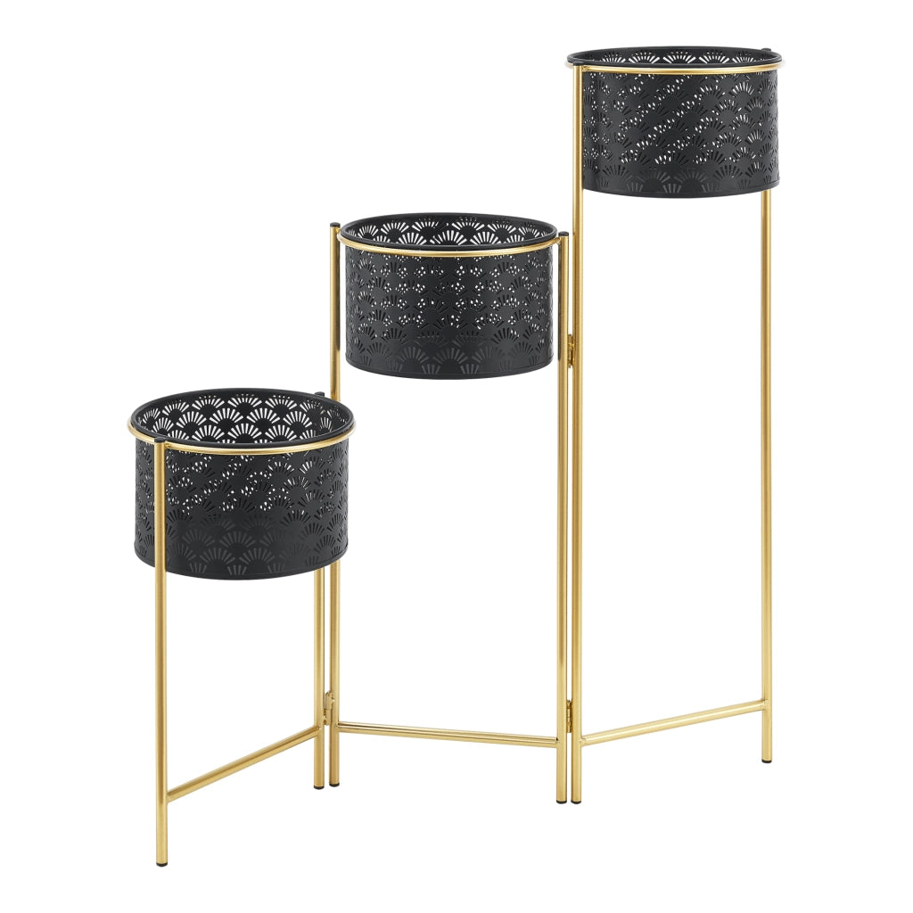 Porta Vasi da Interno Portapiante Supporto per Piante con 3 Coprivasi Struttura a 3 Livelli Pieghevole in Color Ottone con 3 Portavasi di Forma Cilindrica in Color Nero [en.casa]