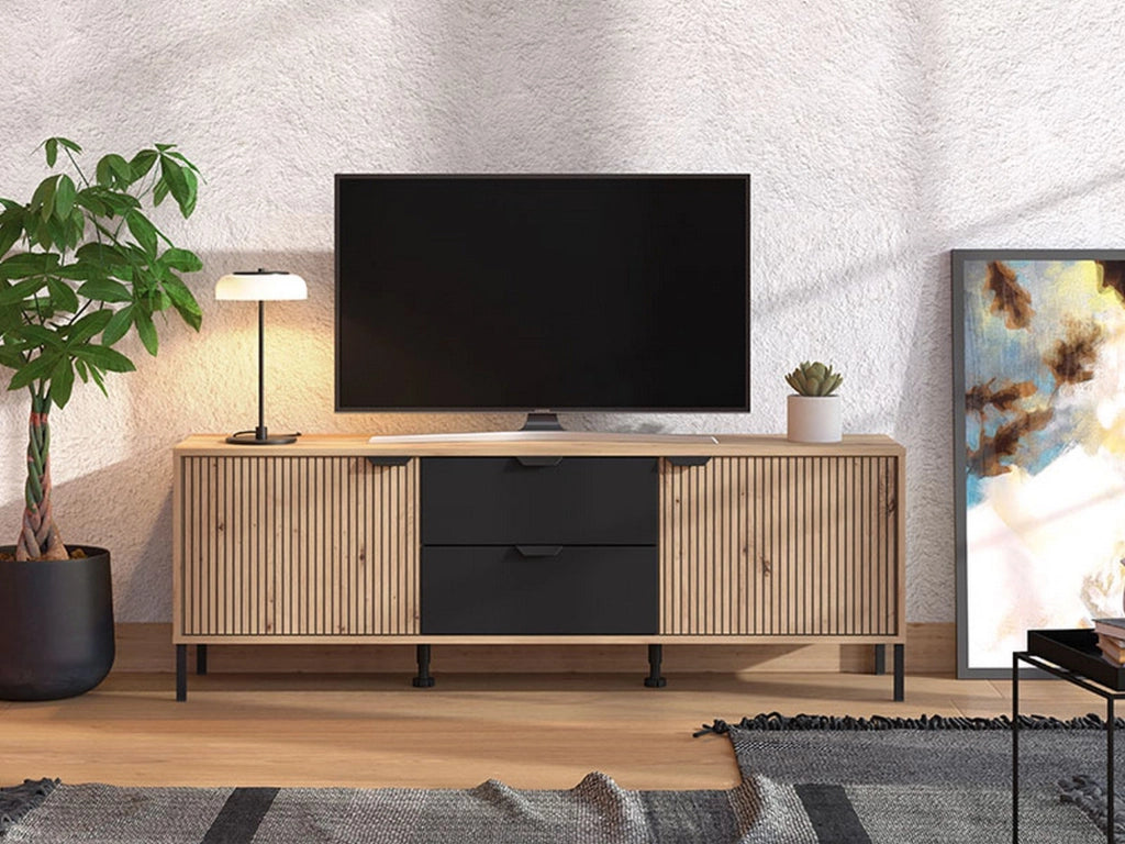 Raiano, Mobile Porta tv 2 Cassetti, 157x40x54.5h cm Marrone Rovere Nodi