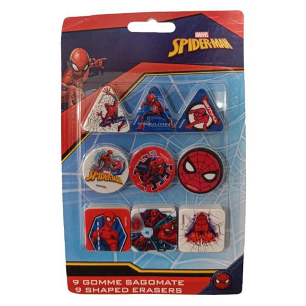 Trade Shop - Kit Gomme Per Cancellare 9pz Sagomate Tema Spiderman Cancelleria Per Bambini Scuola 955326 -