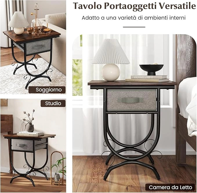 Tavolino con Cassetto in Tessuto, Comodino Industriale a 2 Ripiani con Piano in Legno e Struttura Metallica, Tavolino da Caffè per Camera da Letto e Soggiorno