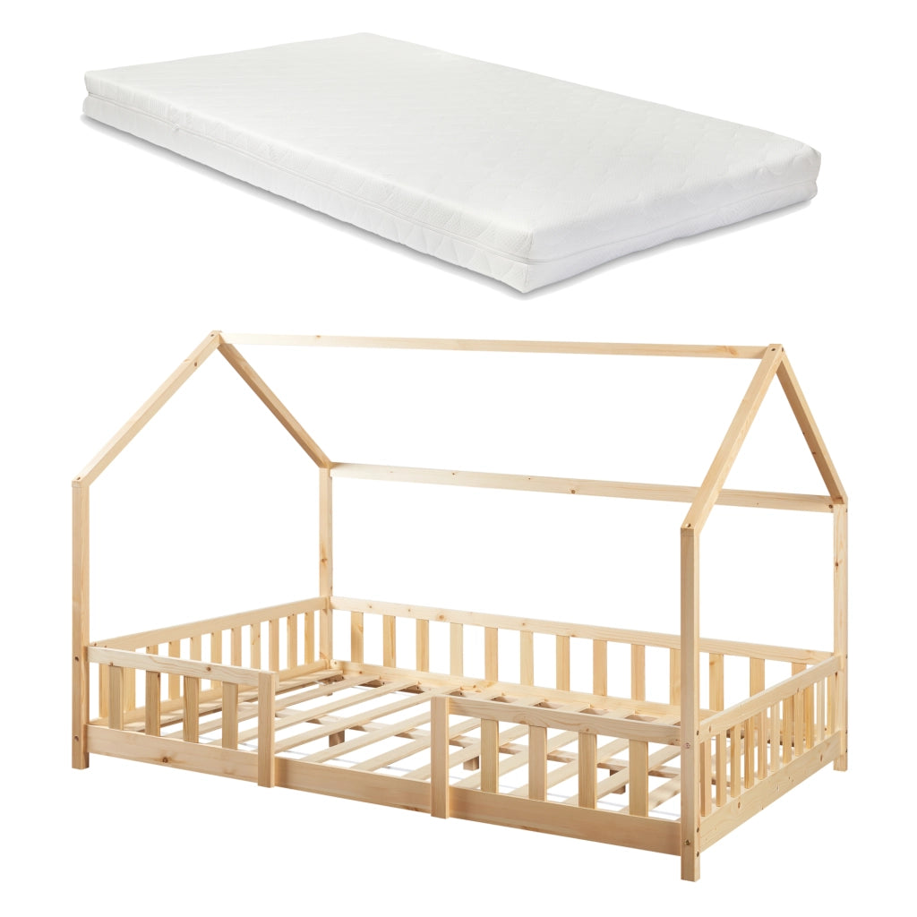Letto per Cameretta Sisimiut a Forma di Casetta con Materasso 140x200 cm Color Legno Naturale [en.casa] [neu.haus]