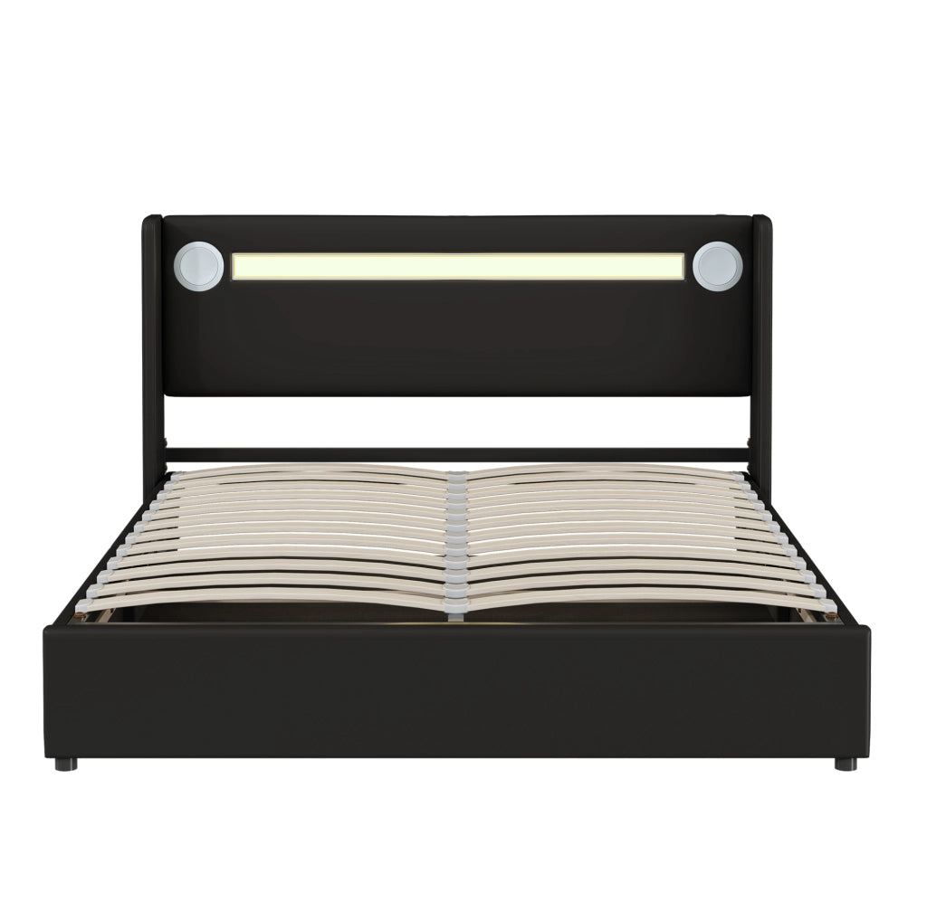 Letto imbottito contenitore matrimoniale 160x200 con LED; Bluetooth e USB; PU nero