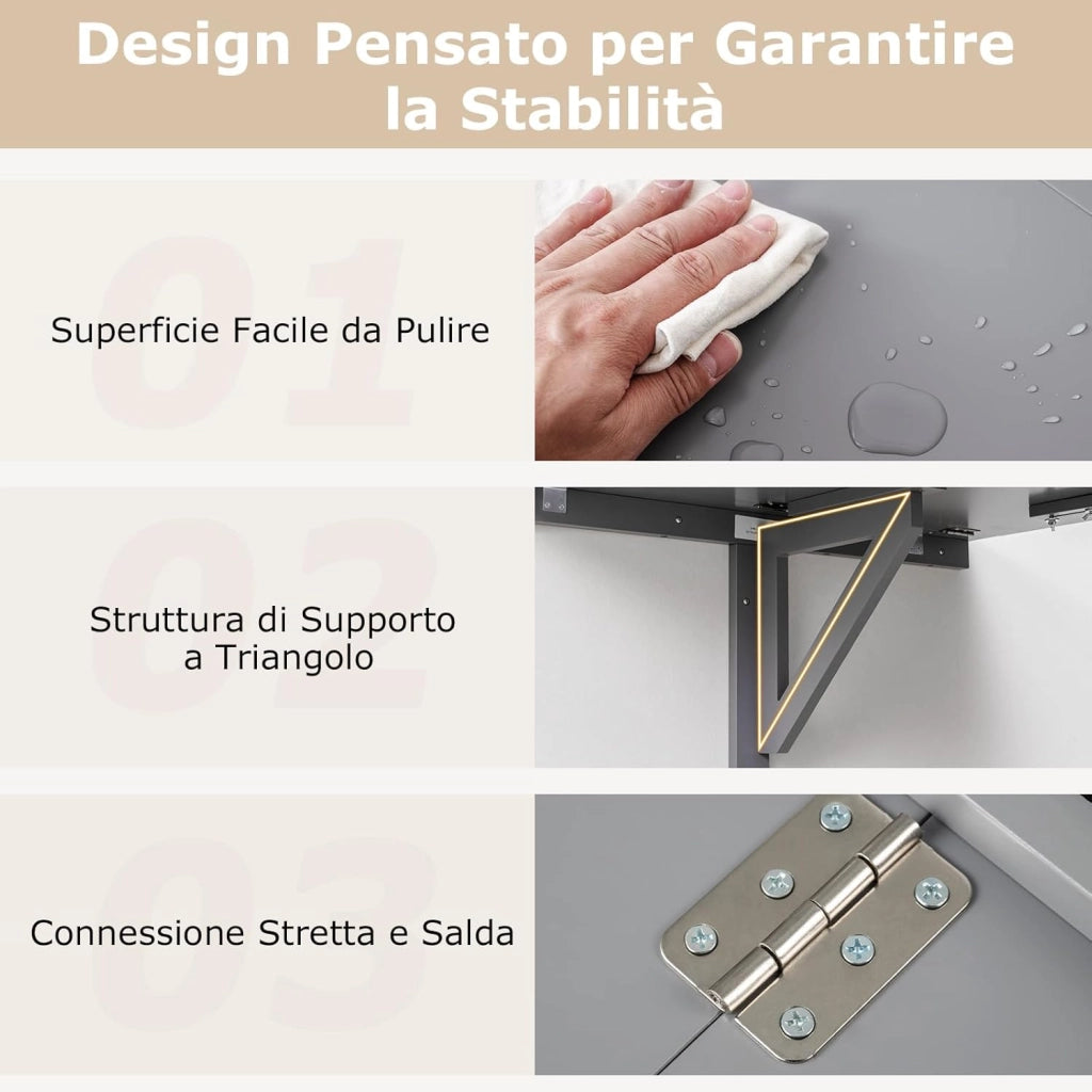Tavolo Pieghevole a Muro, Tavolino Porta PC da Parete in Legno, Tavolo a Scomparsa Multifunzionale, Ideale per Soggiorno, Cucina e Studio, 80 x 60 x 45 cm (Grigio)