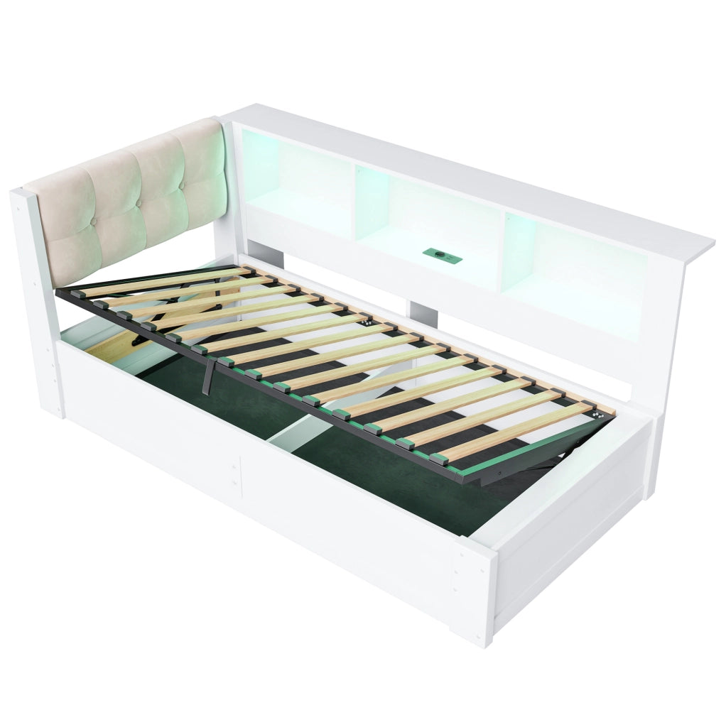Letto singolo 90x200 cm con contenitore laterale; USB; LED e ripiano; bianco