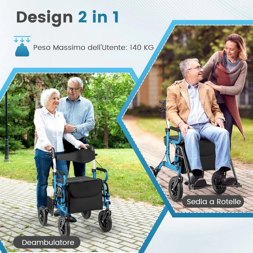2 in 1 Deambulatore e Sedie a Rotelle in Alluminio, Rollator Pieghevole e Regolabile in Altezza con Seduta e Freni, Girello per Anziani con Ruote Robuste (Blu)
