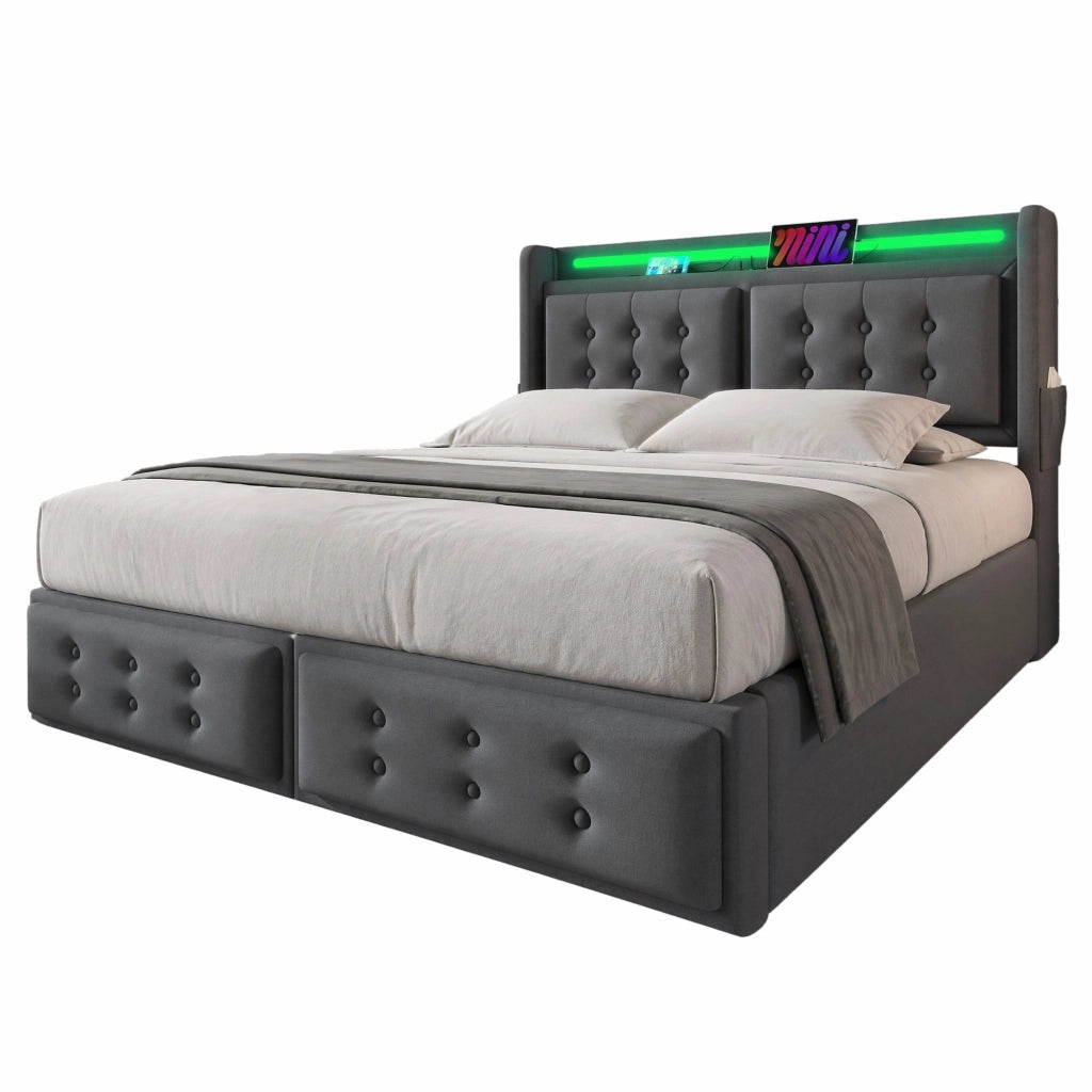Letto matrimoniale 160x200 in tessuto cotone-lino, testiera con LED, prese e USB C, contenitore sollevabile, grigio