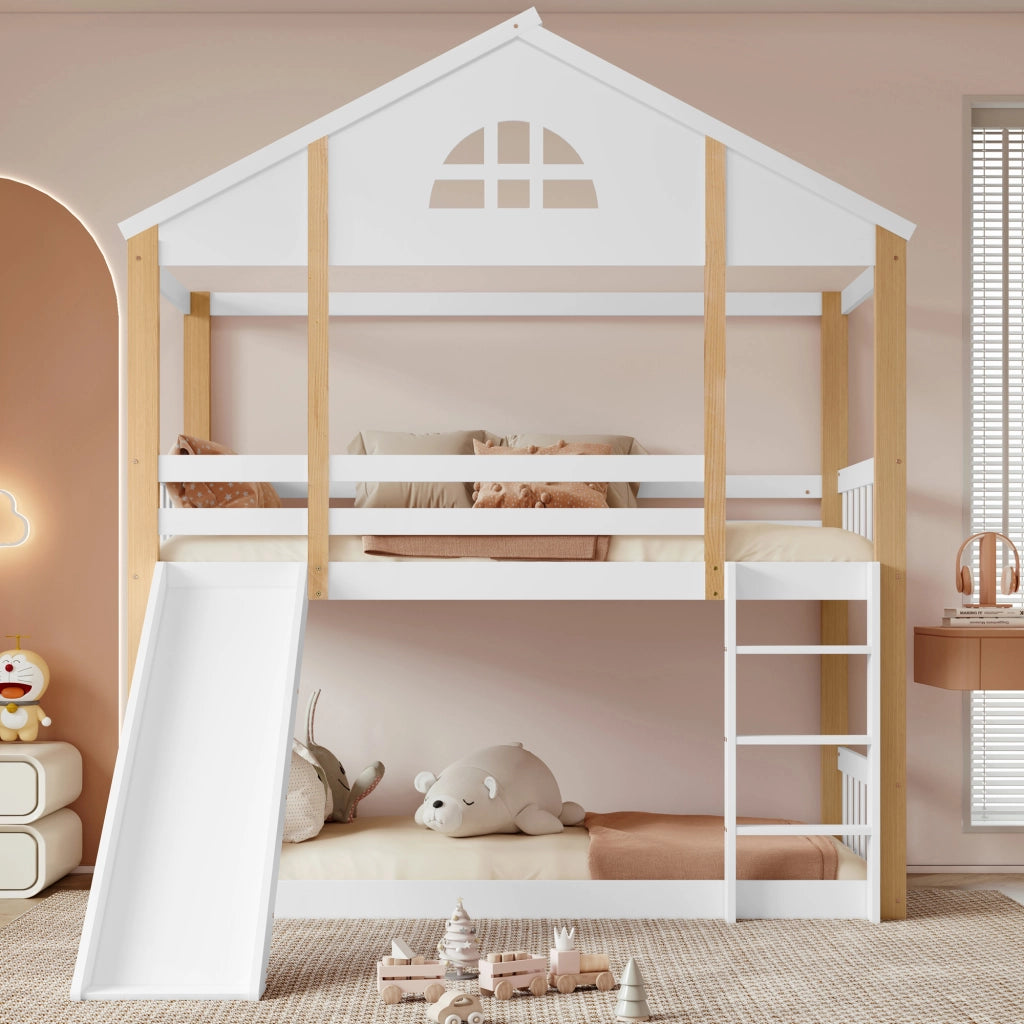 DESMIU Letto a castello 90 × 200 cm 2 posti con scivolo e scala, senza materasso, in legno massello e MDF, bianco e naturale