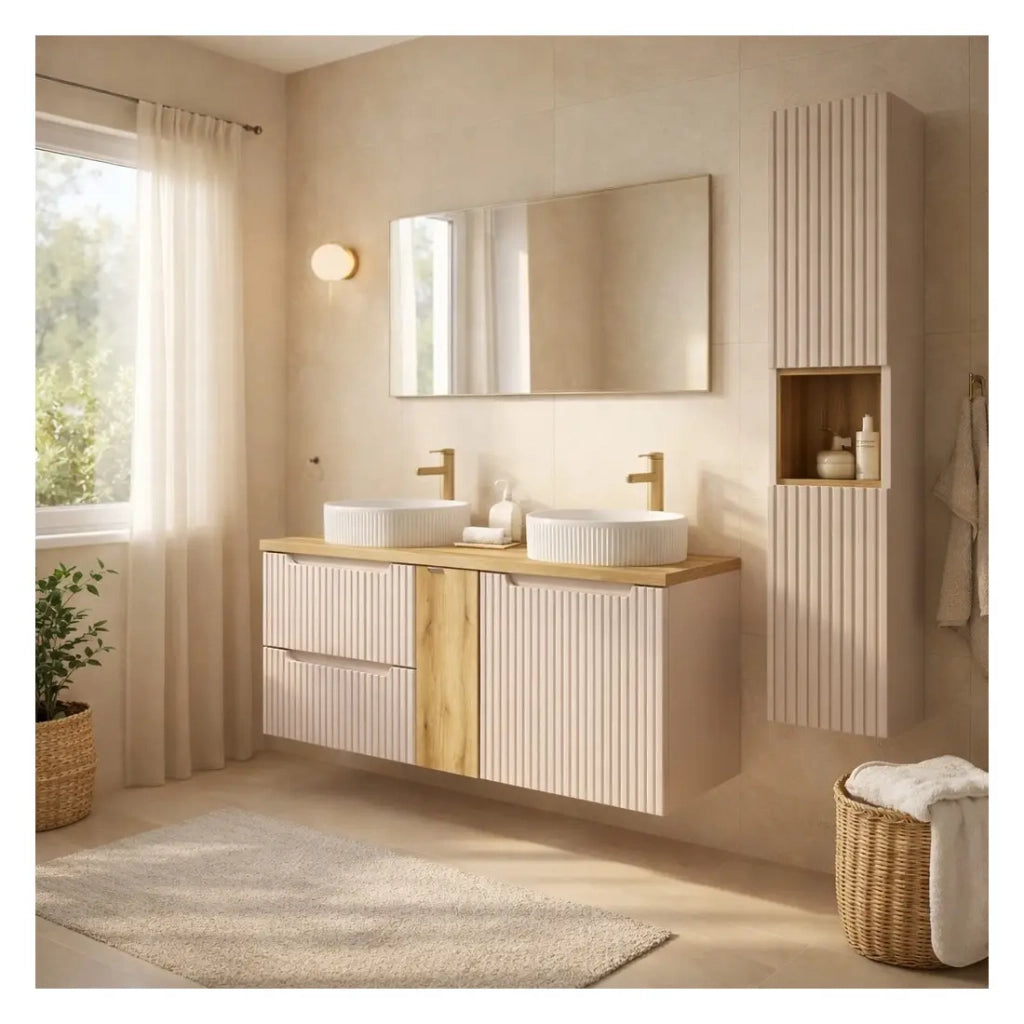 Insieme VANO cashmere e quercia 170cm: mobili sotto lavabo con cassetti e armadietti + lavabi da appoggio scanalati + colonna