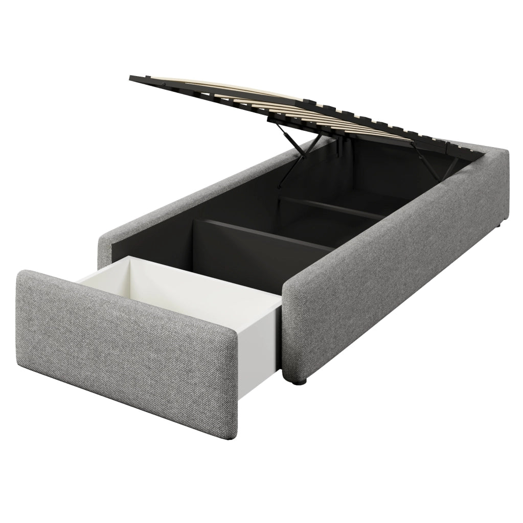 Letto imbottito 90x200 cm senza testiera con vano idraulico e cassetto grigio