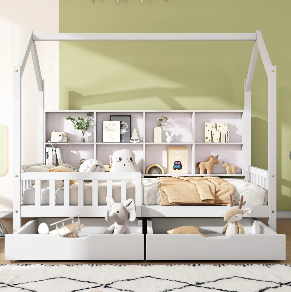 Letto a casetta per bambini 90x200 cm bianco con cassetti
