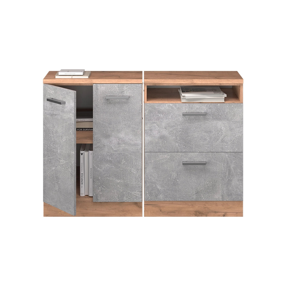 Mobile cucina sottotetto R-Line Calcestruzzo/Rovere dorato 120 cm Set di 2 carcasse armadio profondità 60 cm Vicco