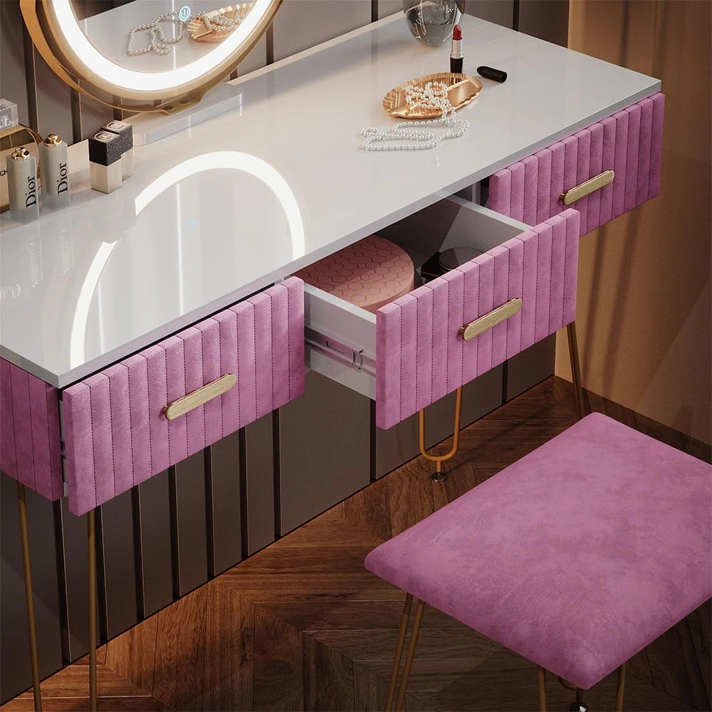 Tavolo da toeletta Layla, rosa, 100 cm con illuminazione LED e sgabello, con illuminazione a LED e panca imbottita
