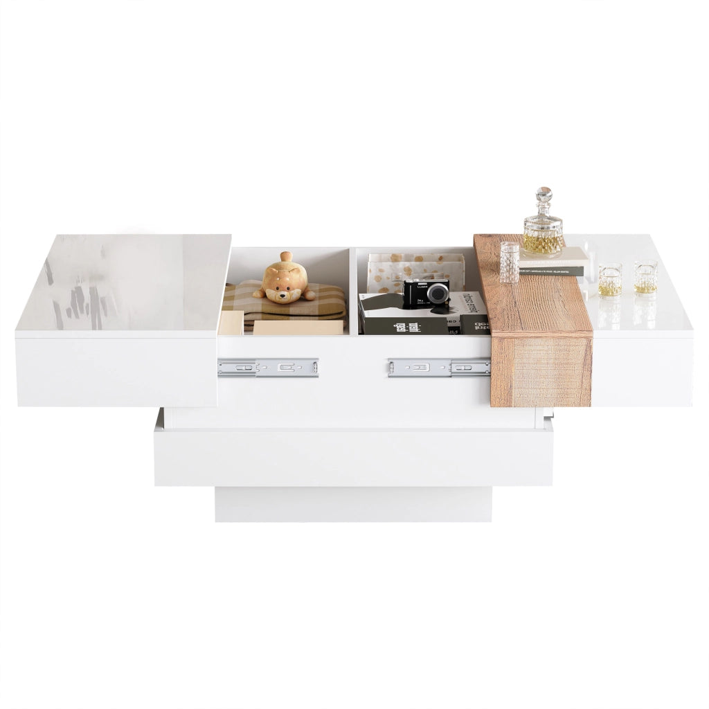 Tavolino quadrato con piano estraibile - Zephmum- 70x70x39cm, bianco, spazio nascosto