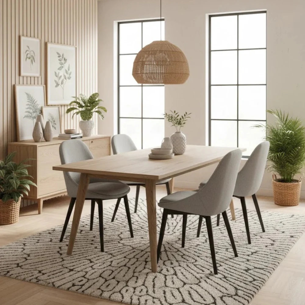 Set di 4 sedie da pranzo imbottite in tessuto grigio chiaro Delphi con struttura in legno massello di noce facili da pulire | Duzzle