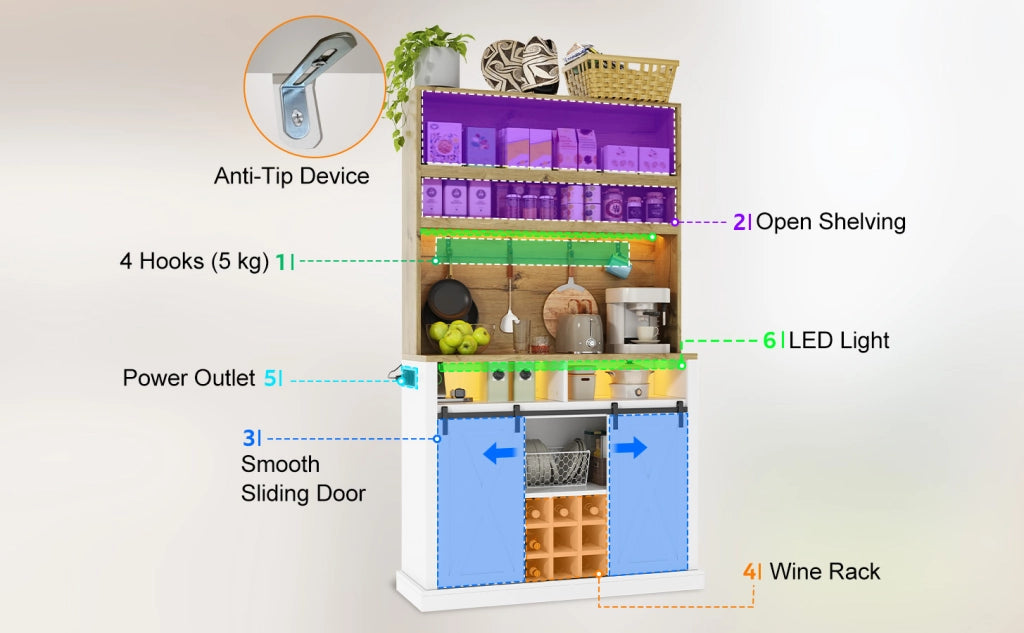 Credenza alta da cucina con LED e prese USB, per cucina e sala da pranzo, in MDF, bianco naturale, 110 × 40 × 191 cm
