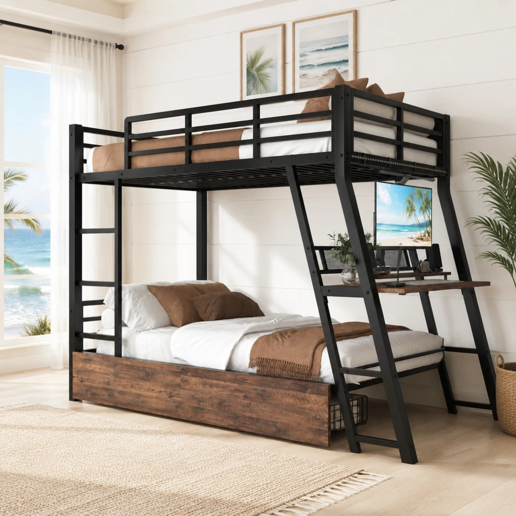Letto a soppalco 90x200 cm con scrivania, LED e cassetti nero