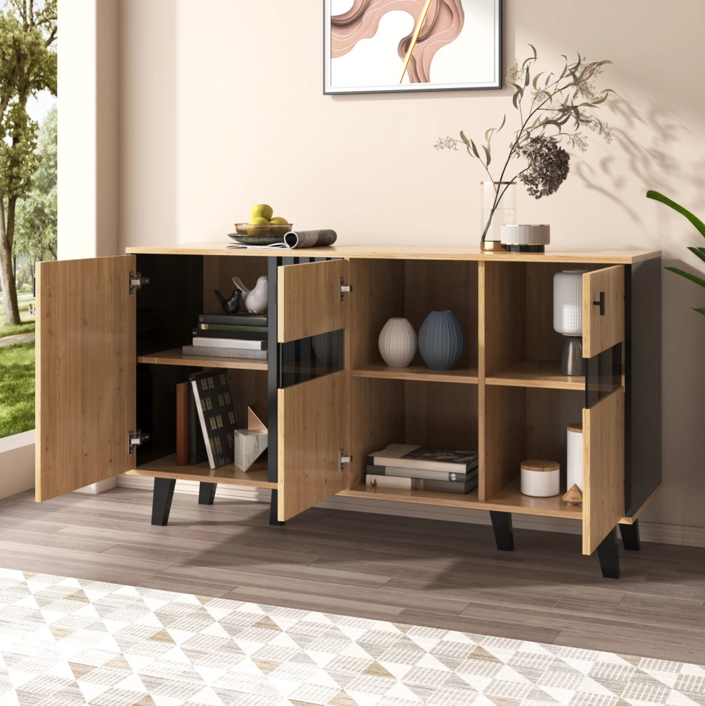 Credenza 140x78.5x41 cm con 3 ante; ripiani e LED; vetro e pannello truciolare