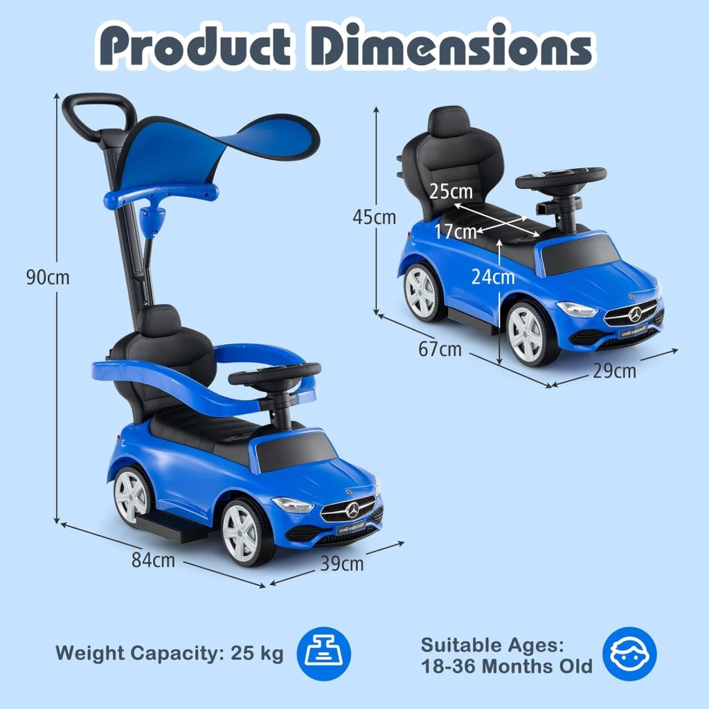 Macchina Cavalcabile per Bambini con Licenza Mercedes-Benz 3 in 1, Capote Regolabile, Guida Realistica con Volante e Clacson, Capacità di Carico 25 KG, per Bambine e Bambini 1-3 Anni (Blu)