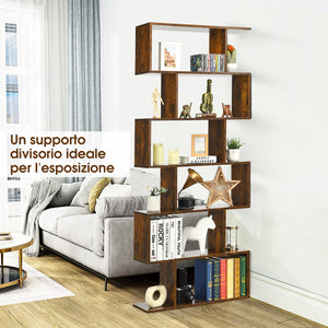 Libreria a 6 livelli a forma di S con dispositivo antiribaltamento-Scaffale di legno per casa e ufficio Caff¨¨