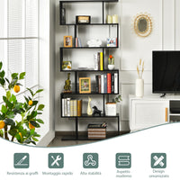 Libreria a 6 livelli a forma di S con dispositivo antiribaltamento-Scaffale di legno per casa e ufficio Nero