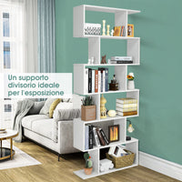 Libreria a 6 livelli a forma di S con dispositivo antiribaltamento-Scaffale di legno per casa e ufficio Bianco