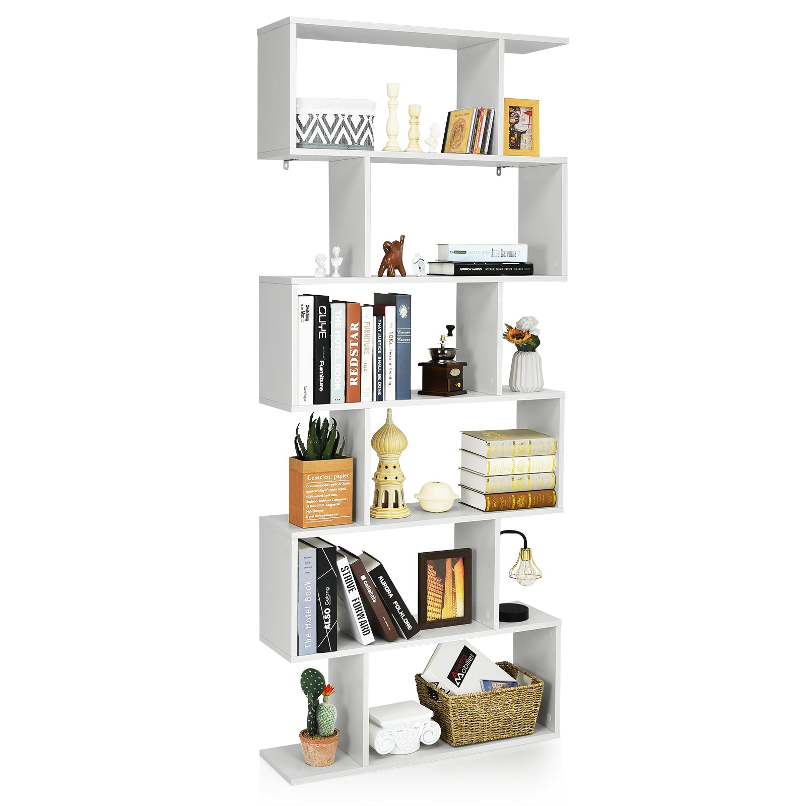 Libreria a 6 livelli a forma di S con dispositivo antiribaltamento-Scaffale di legno per casa e ufficio Bianco