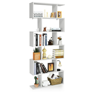 Libreria a 6 livelli a forma di S con dispositivo antiribaltamento-Scaffale di legno per casa e ufficio Bianco