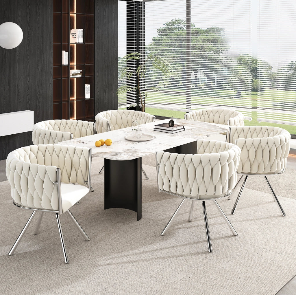 Set da 2 Sedie da Pranzo in Velluto Beige con Base Girevole in Metallo Argento